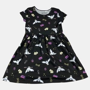 Harry Potter Kids Girls Hedwig Owl Print Dress Size 2X Black Short Sleeve New